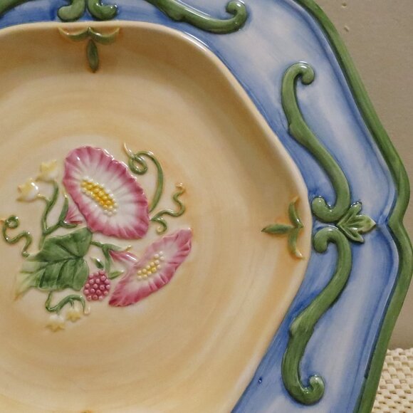 Fitz & Floyd 11.25" Dinner Plate X4 Halcyon Pink Floral Blue Trim Hand-Painted - Picture 4 of 5